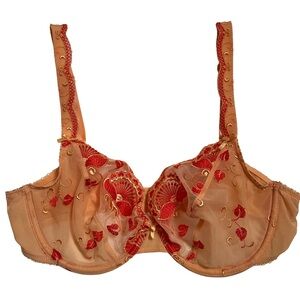 Conturelle Delicate Embroidered Bra size 36D Floral Peach Red Sheer Underwire